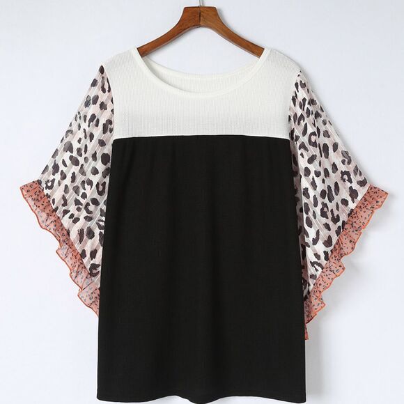 Blouse Women Boutique Colorblock Contrast Panel Flowy Leopard Ruffle Cuff Sleeve - Picture 3 of 16